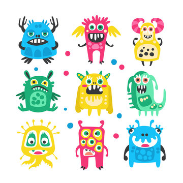 Cartoon cute funny monsters, aliens and bacterias set. Colorful collection of friendly monsters Illustration