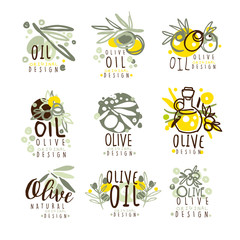 Olive oil set for label design. Organic, natural and healthy food. Vector Illustrations for olive oil packaging