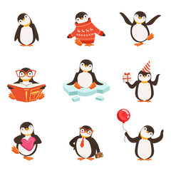 Cute little penguin cartoon characters set for label design. Colorful detailed vector Illustrations - obrazy, fototapety, plakaty