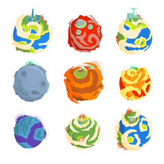 Fototapeta premium Colorful planets of the solar system set for label design. Cartoon detailed vector Illustrations