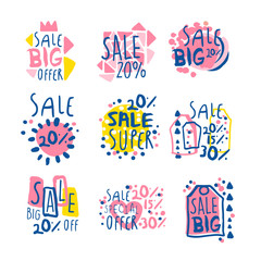 Super sale set for label design. Sale shopping, exclusive special offers badges. Colorful vector Illustrations