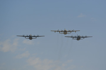 Fototapeta na wymiar Synchronized flight of 3 military aircraft in the team during Israeli 69st independent day