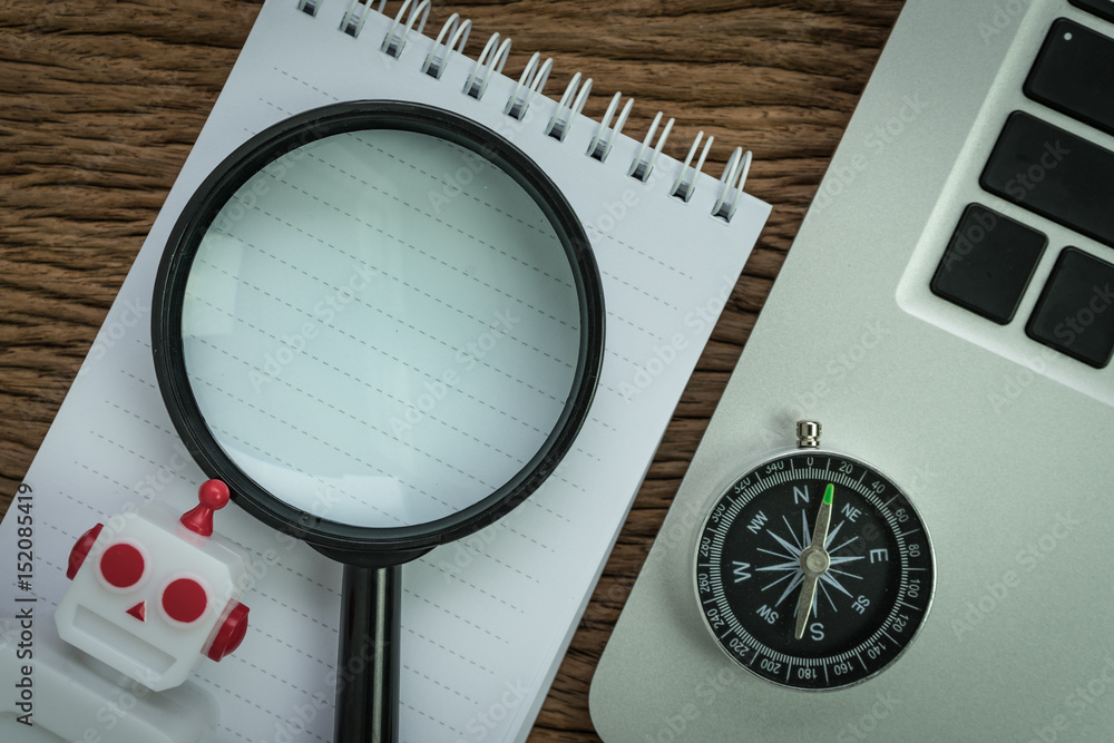 Poster seo search engine optimization website analysis concept with pencil, compass, computer and magnifyin