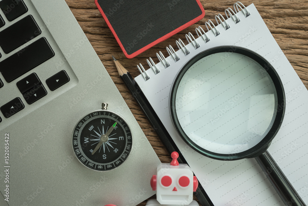 Poster seo search engine optimization website analysis concept with pencil, compass, computer and magnifyin