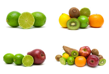 Lime and other fruits isolated on white background.