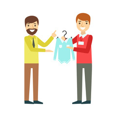 Man choosing shirt during apparel shopping at clothing store, colorful vector illustration