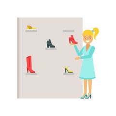 Blond woman choosing shoes in a shoes store, colorful vector illustration