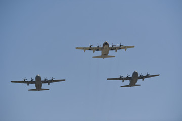 Synchronized flight of 3 military aircraft in the team during Israeli 69st independent day