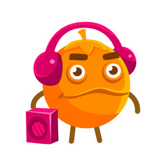 Cute cartoon orange fruit listening to the music with a boombox and headphones, colorful character vector Illustration
