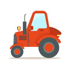 Red tractor, heavy agricultural machinery colorful cartoon vector Illustration