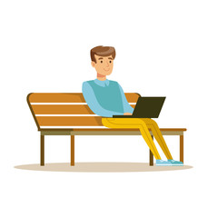 Young man sitting on a bench and working with laptop. Colorful character vector Illustration