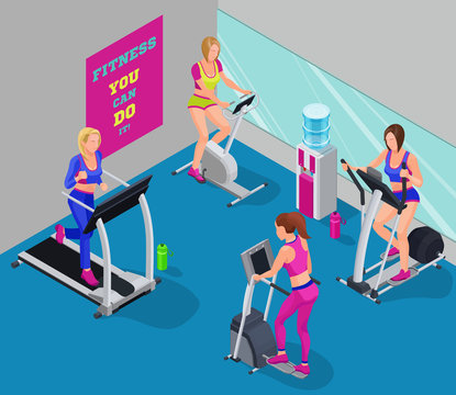 Isometric illustration fitness cardio workout with girls running elliptical machine, stepper, bicycle, good for sport infographics