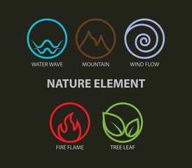 Nature elements logo. Water, Fire, Earth, Air. Infographic elements on dark background. Alternative energy sources. nature line logo. Eco logo