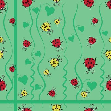 Yellow and red ladybugs among the bindweed. Seamless pattern.Stylized images of the characters in children's cartoons. Design for textiles, tapestries, packaging, napkins.
