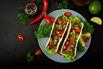 Mexican tacos with beef in tomato sauce and salsa