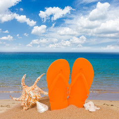 pair of orange flip flop sandals in sand on the beach near sea water