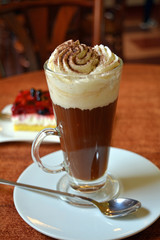 Delicious Hot Viennese Coffee On Glass Cup With Whipped Cream.