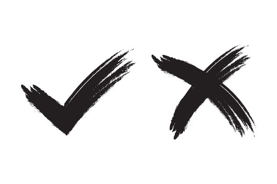 Tick and cross signs. Brush black checkmark OK and X icons, isolated on white background. Marks graphic design. Symbols YES and NO button for vote, decision, web. Vector illustration