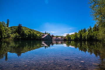 Fototapeta premium Beautiful lake with a hotel in the background
