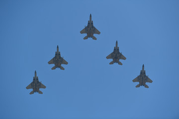 Synchronized flight of 5 military aircraft's F-15 in the team during Israeli 69st independent day