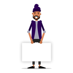 A young guy in fashionable clothes with a message board.  Vector illustration isolated on white background.