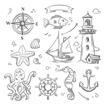 Hand drawn sea, marine objects and ocean animals vector set