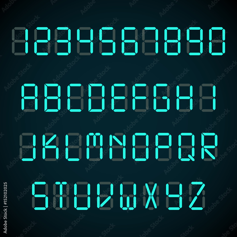 Poster digital font, alarm clock letters and numbers vector alphabet