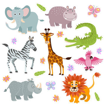 Cartoon cute african savanna animals vector set