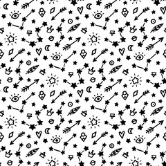 Seamless pattern, in memphis style, with magic simbols, on a white background. It can be used for packaging, wrapping paper, textile and etc.