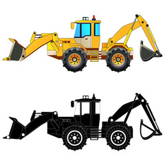 Truck digger crane forklift small bagger, mix roller excavator isolated vector illustration