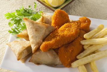 Fried Samosa Chicken Breaded fillets with fries & Vegetables 
