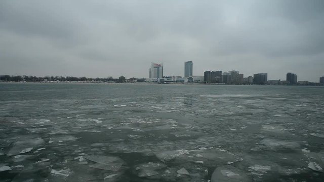 windsor canada city skyline in winter from detroit usa side