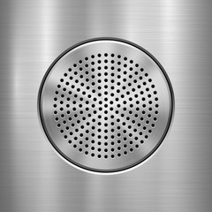 Metal technology background with abstract circle perforated audio speaker with and polished, brushed texture, chrome, silver, steel, aluminum for design concepts, interfaces. Vector illustration.