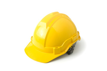safety helmet yellow color on white background, hard protect head hat on isolated, worker officer protection, engineer equipment, carpenter tool, under construction - obrazy, fototapety, plakaty