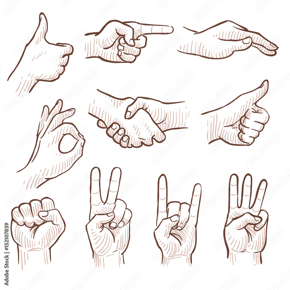 Poster hand drawing sketch man hands showing different gestures vector set