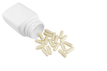 Capsules of glucosamine chondroitin, healthy supplement pills and white container isolated on white background
