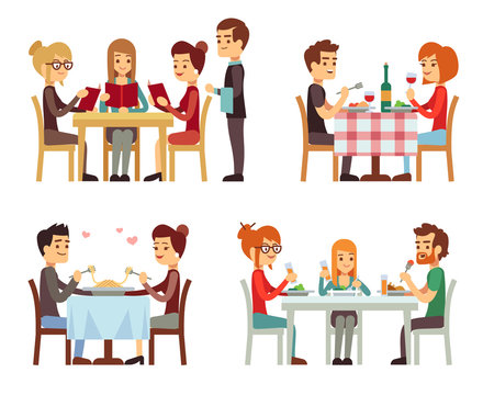 People in restaurant eating dinner vector flat concepts