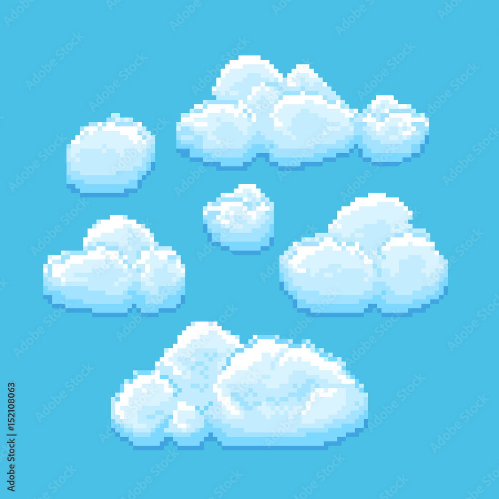 Poster sky with clouds vector pixel art. cloudscape background for retro game