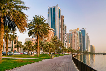 Sharjah. In the summer of 2016. The cultural capital of the UAE, a modern urban metropolis at the dawn of day.
