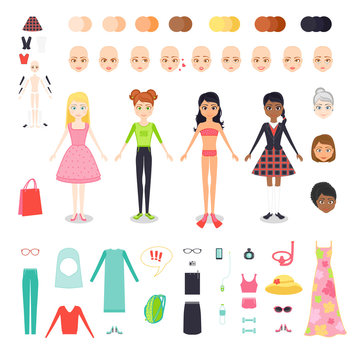 Vector flat set illustration of figure pretty girl. Character constructor of woman with different skin color, hair and age. Female clothing and accessories for seaside holiday, sports, work and study.