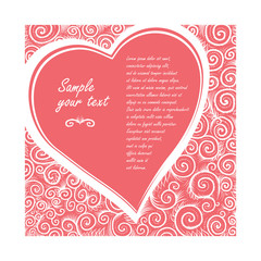 Vector card in shape of heart on a rose background of ornate pattern. Design wedding invitation, greeting Valentine's day or other holiday, love confession.