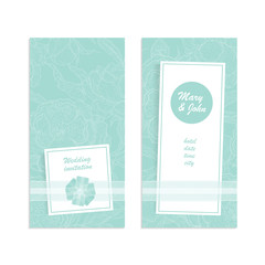 Vector elegant card wedding invitation, save date card, thank you or other celebration. The peonies flower on a gentle turquoise background and place for text. Decoration sheer ribbon and elegant bow.