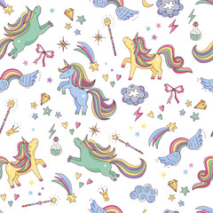 Obraz premium Vector seamless pattern of unicorn, clouds, rainbow and magic wand