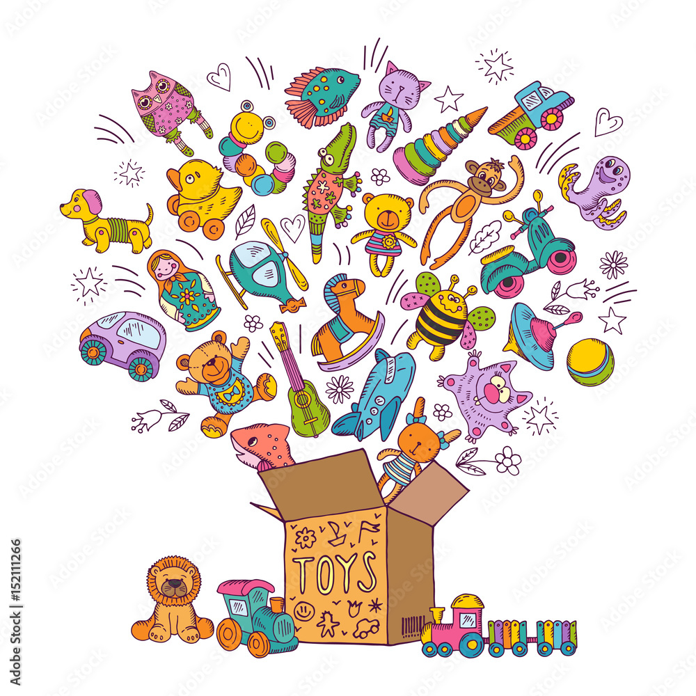 Wall mural Childrens box for toys. Doodle pictures vector illustration