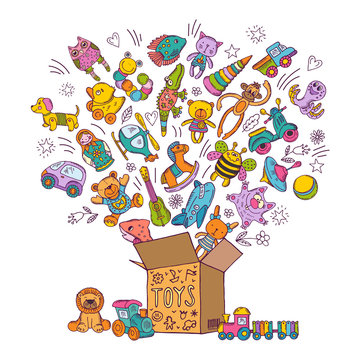 Childrens box for toys. Doodle pictures vector illustration