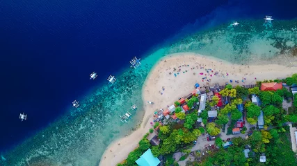  Aerial view of sandy beach with tourists swimming in beautiful clear sea water of the Sumilon island beach landing near Oslob, Cebu, Philippines. - Boost up color Processing. © tirachard