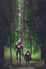 Fototapeta premium digital art with sci-fi concept of two robots walking in narrow alley with many green lights, illustration painting