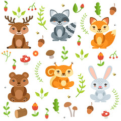 Funny forest animals and floral elements isolate on white background. Vector illustration in cartoon style