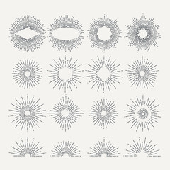 Sunburst illustrations set. Circle shapes design elements. Vector pictures