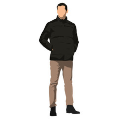 Young handsome man standing in winter clothing. Dark jacket, brown trousers. Hands in pockets. Isolated vector illustration